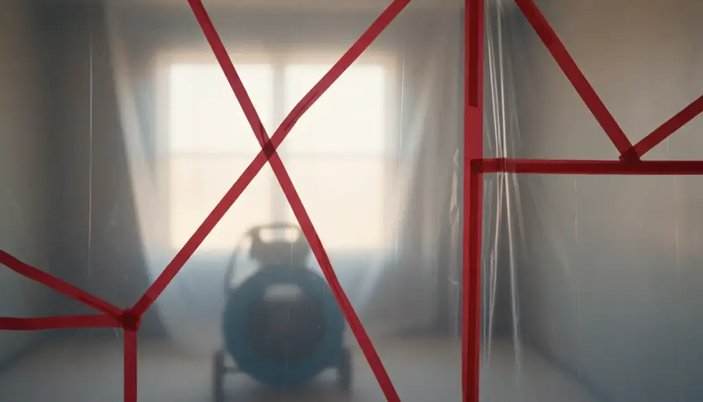 Plastic containment sheeting with taped seams, lit from behind by a window