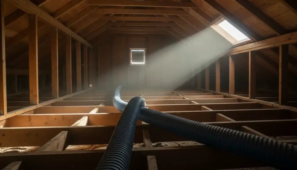 A swept attic with timber rafters and an insulation-removal hose across the joists