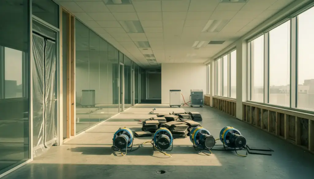 An office suite with lifted carpet tiles and a row of air movers along a glass corridor