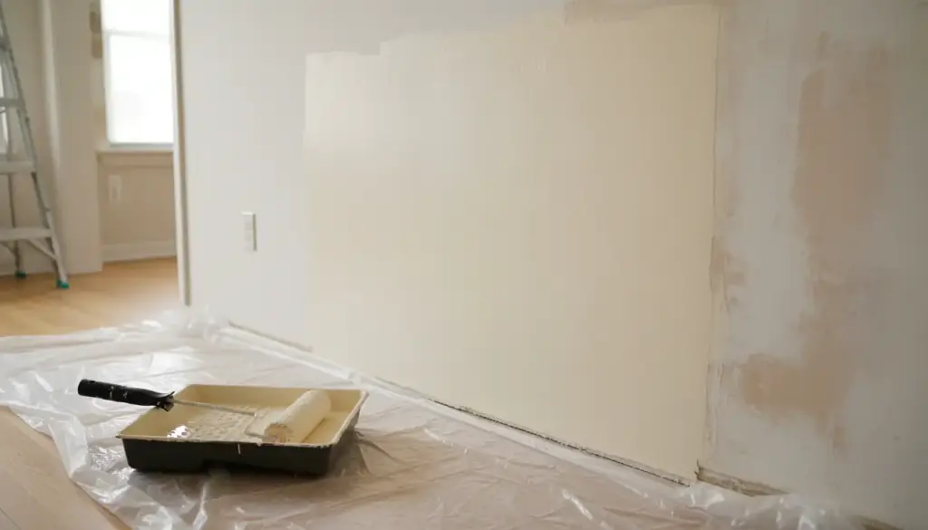 A patched and sanded drywall wall half-painted, with a roller tray on a drop cloth