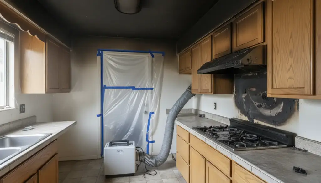 A soot-darkened kitchen with plastic sheeting over the doorway and an air scrubber on the floor