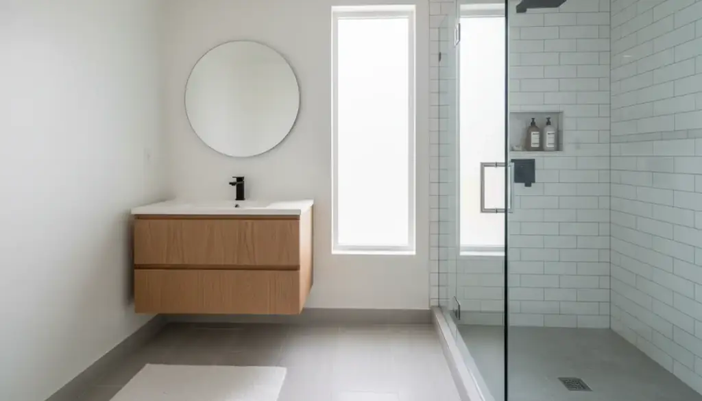 A rebuilt bathroom with a tiled floor, floating vanity and glass shower