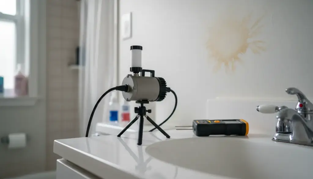 An air-sampling pump on a tripod and a moisture meter on a bathroom vanity