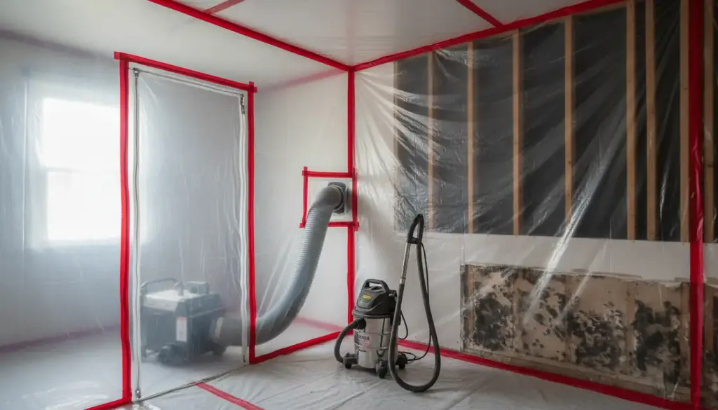 A containment chamber of plastic sheeting with taped seams, ducting and an opened wall