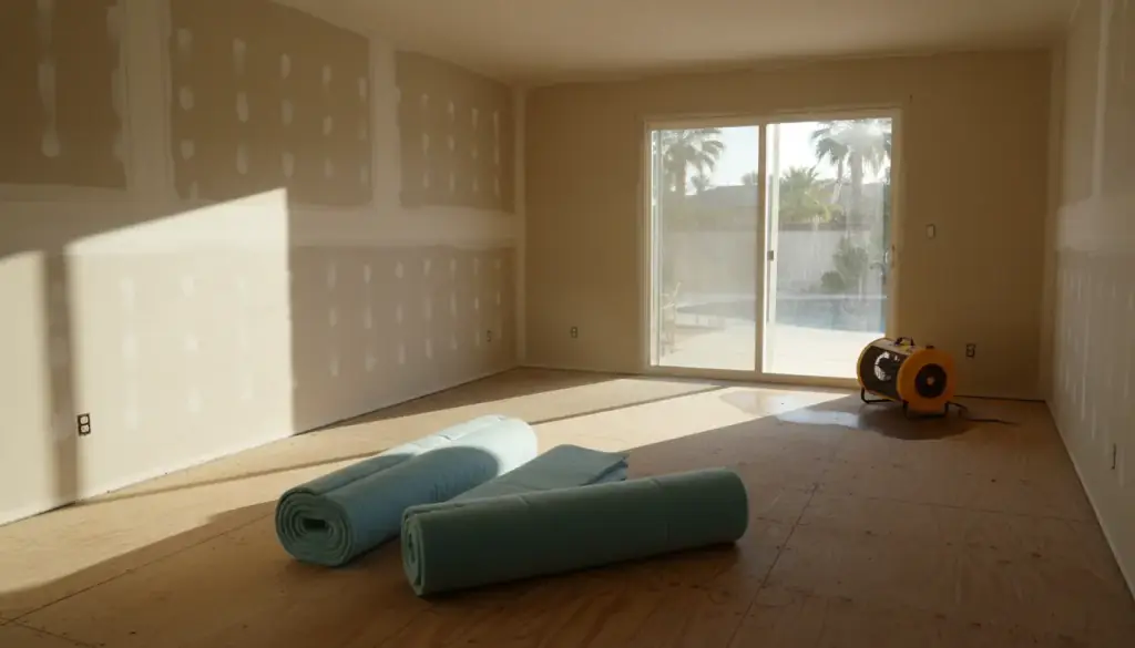 A living room mid-rebuild with new drywall taped and rolls of carpet pad on the subfloor