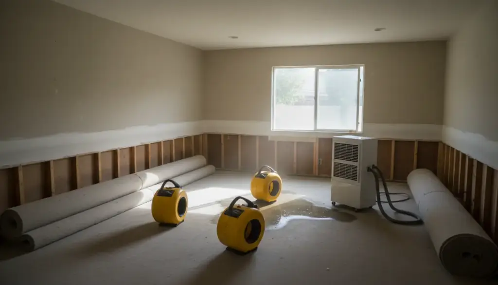 A living room with drywall cut away above the floor, air movers and a dehumidifier running